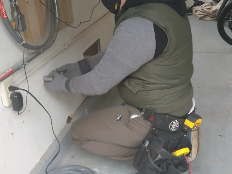 Electrician performing outlet wiring in a Campbell garage